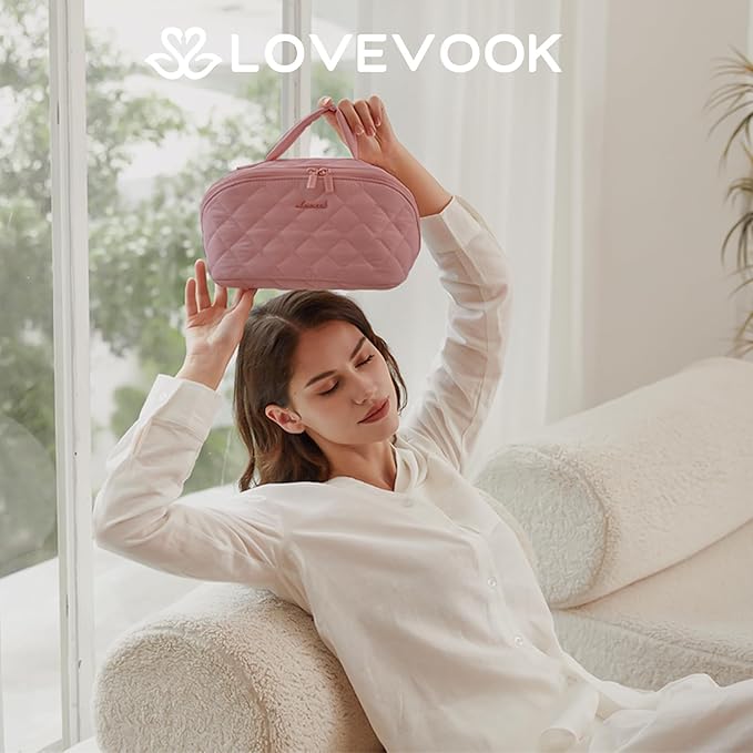 LOVEVOOK Travel Makeup Bag for Women, 2Pcs Puffer Waterproof Cosmetic Organizer, Large Capacity Pouch Open Flat Small Toiletry Bag with Brush Compartment & Handle (Red Bean Paste, Medium)