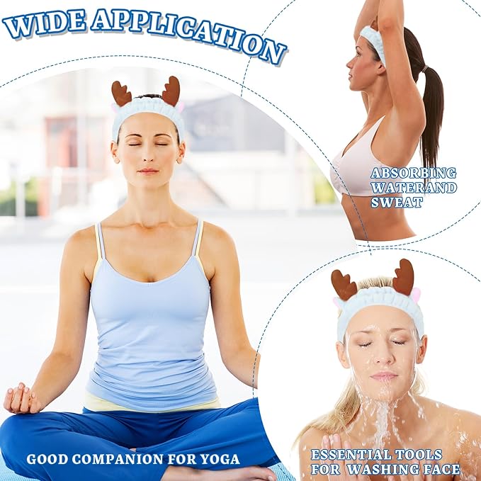 Jowmoy Cute blue antlers Headband Frog Eye Elastic to Wash Face for Women Makeup Shower Spa.