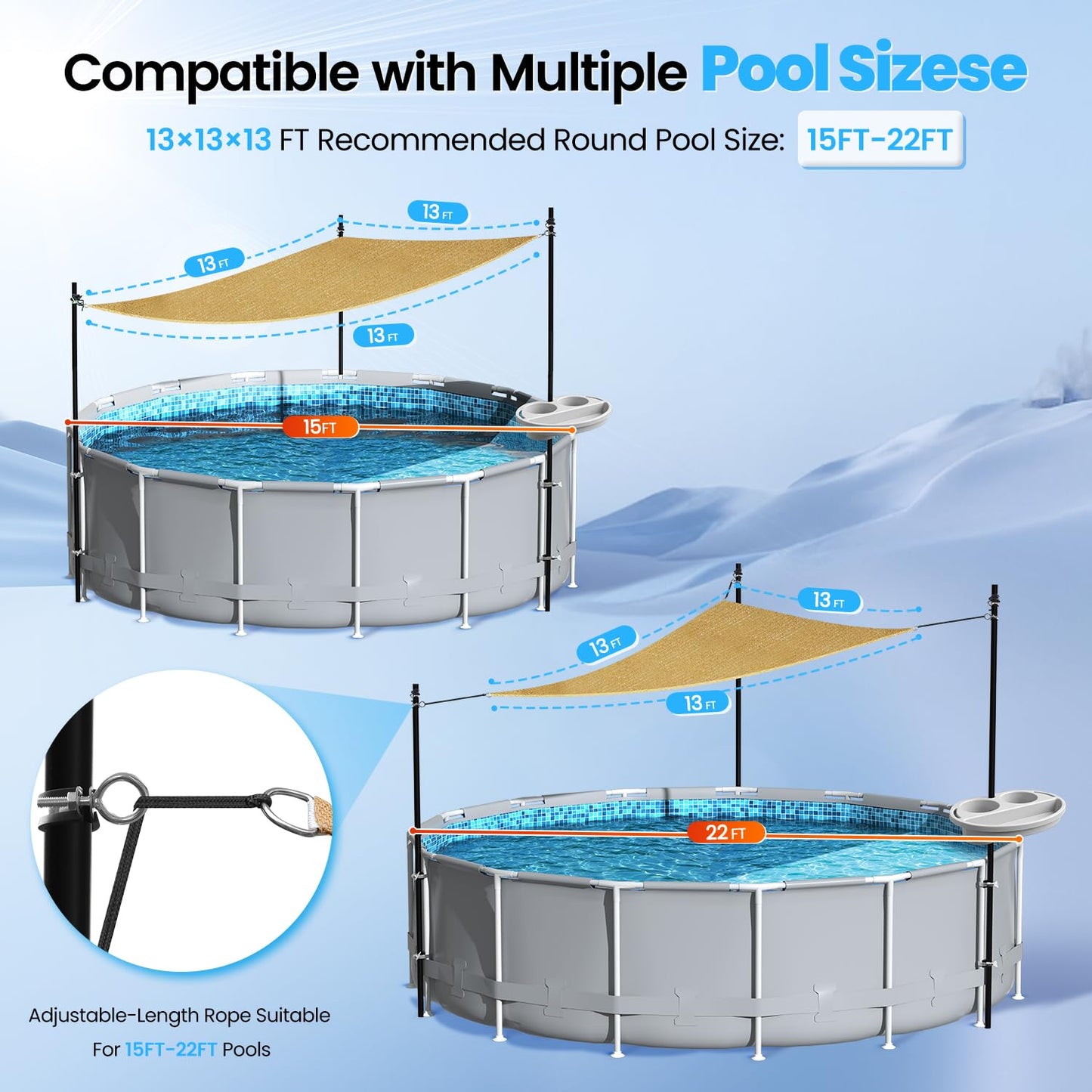 Vidoya Above Ground Pool Canopy Sunshade Set with Storage Tray - Pool Shade Sail Triangular 13'x13'x13' for 15-22 FT Pools, UV-Resistant Shade Cloth, Swimming Pool Awning Cover for Deck, Patio, Garden