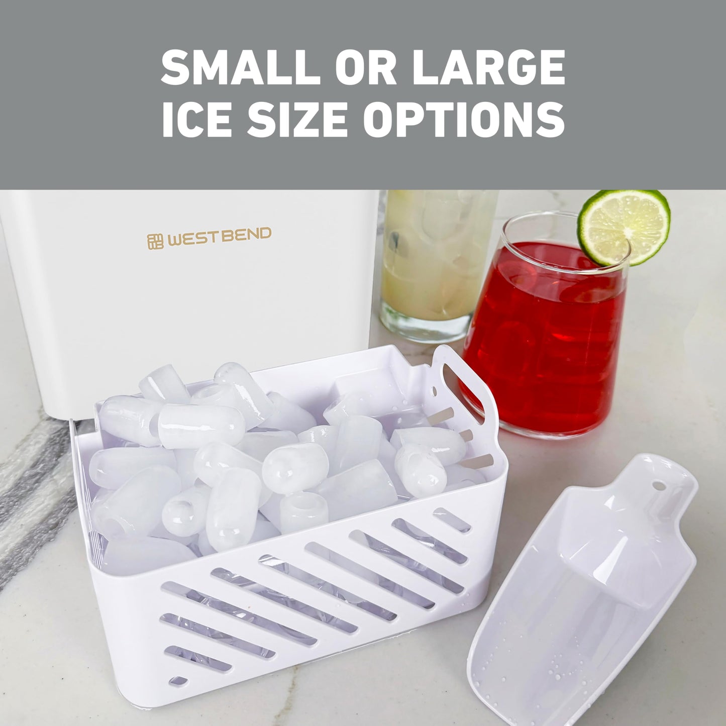 West Bend Timeless Ice Maker Mighty Ice Countertop Design Makes 26 Pounds of Bullet-Shaped Ice Cubes in 24 Hours, Digital Touch Controls and Self Cleaning Function, Includes Scoop, White/Gold