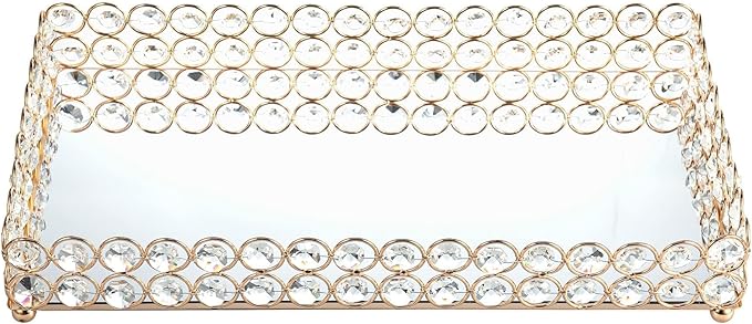 Feyarl Crystal Perfume Fragrance Tray Cosmetic Makeup Vanity Tray Jewelry Trinket Ring Earring Display Organizer Decorative Skin Care Storage for Home Dresser Countertop(13.7 x 7.87 inch)