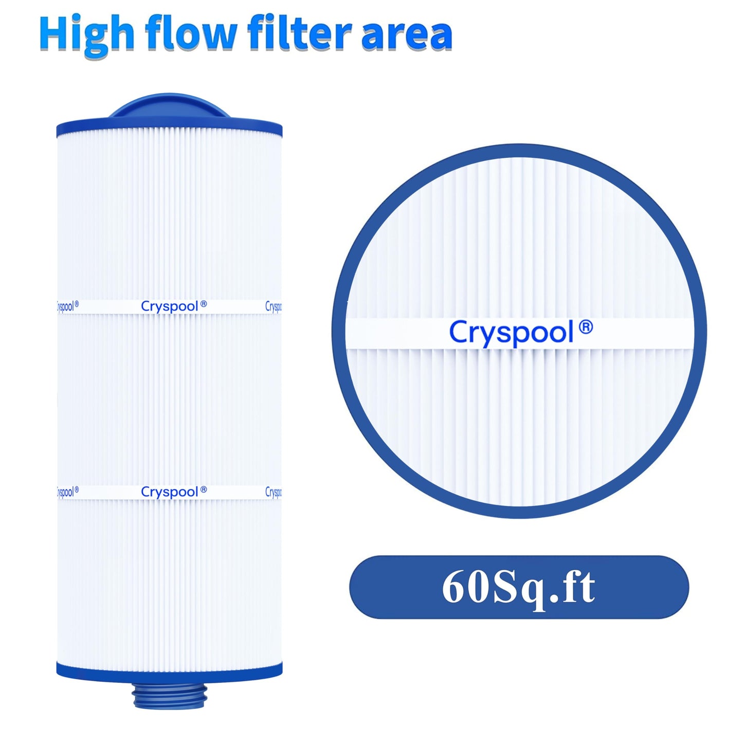 Cryspool® 06046 Filter Compatible with J-300, J400, 6CH-960, FC-2800, PJW60TL-F2S, 14081, 6540-383, Premium, Closed Handle(Not Removable Tops), 60 Sq. Ft Spa Filter Cartridge, 2 Pack