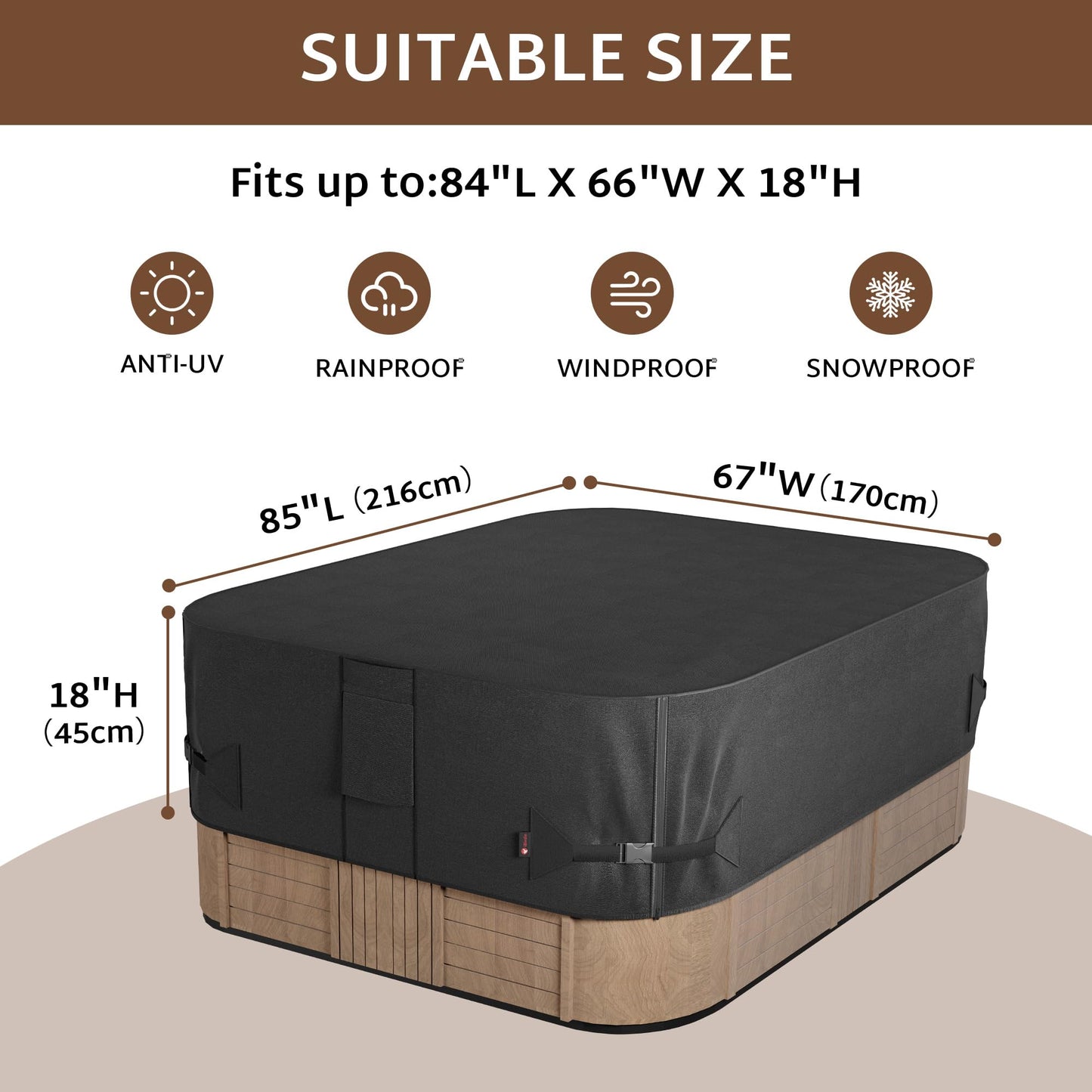 iBirdie Outdoor Waterproof Rectangular Hot Tub Cover 85 x 67 inch fit 84 x 66 or 83 x 65 or 82 x 64 SPA 600D Heavy Duty Rectangle Weatherproof Protectors Protective Cover Cap