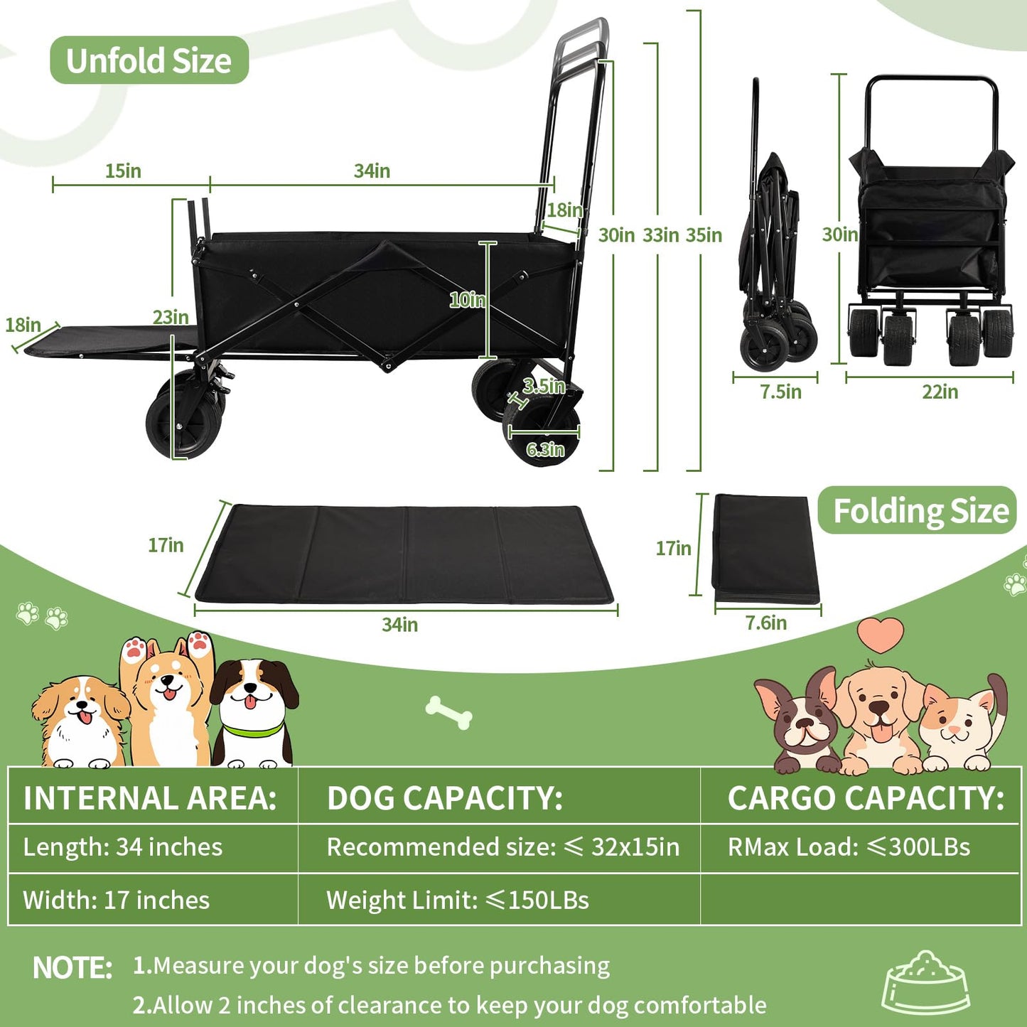 Dog Stroller for Large Dogs,Pet Stroller for Medium Dogs Up to 150lbs,Folding Dog Wagon Cart,Heavy Duty All-Terrain with Adjustable Handle,Storage Organizer,Waterproof Oxford Fiber,Black