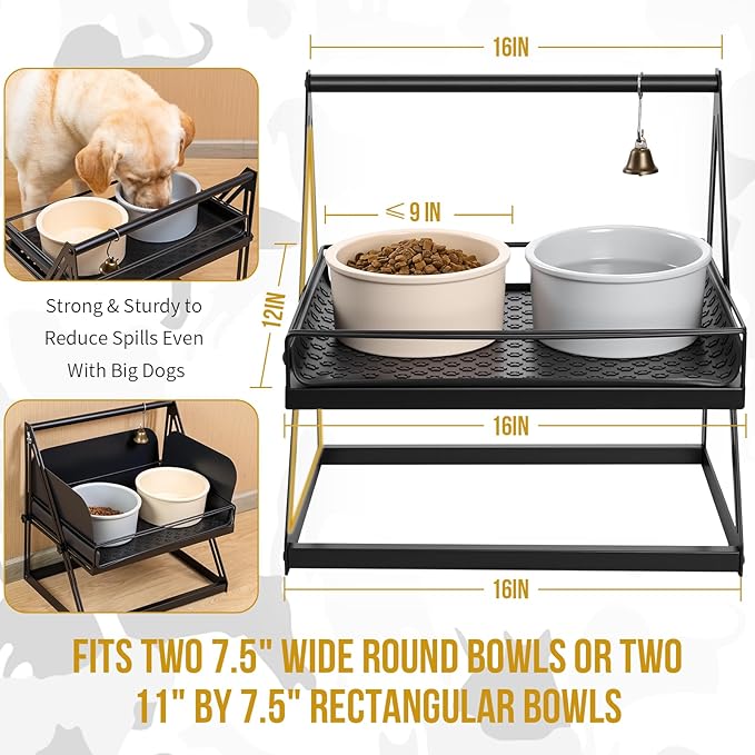 OneTigris Elevated Dog Bowl, Raised Dog Bowls for Medium Large Dogs, Adjustable Height, with Non-Slip Mat No-Spill Baffle, Height Adjustable from 2" to 11" Black (Bowls Not Included)