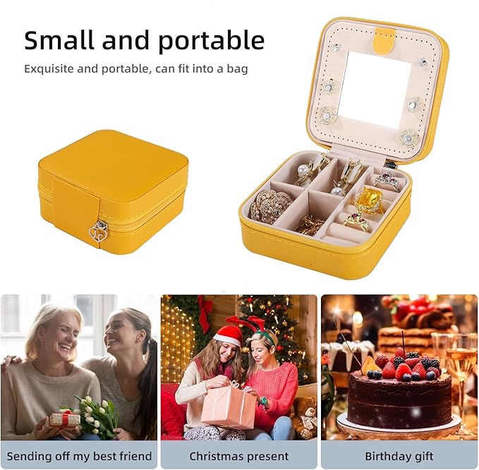 KElofoN Travel jewelry case Travel jewelry box Travel Jewelry Organizer Small Jewelry Organizer Box Gift for Girls Women with Mirror (Yellow)