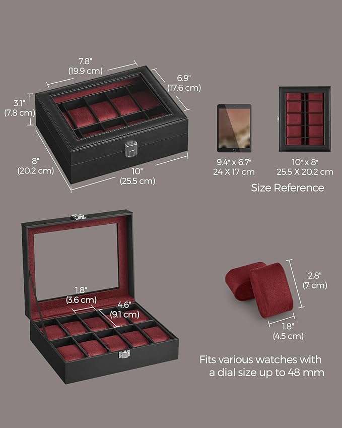SONGMICS Watch Box, 10-Slot Watch Case Organizer with Large Glass Lid, Removable Pillows, Gift for Loved Ones, Black Synthetic Leather, Wine Red Lining UJWB010R01
