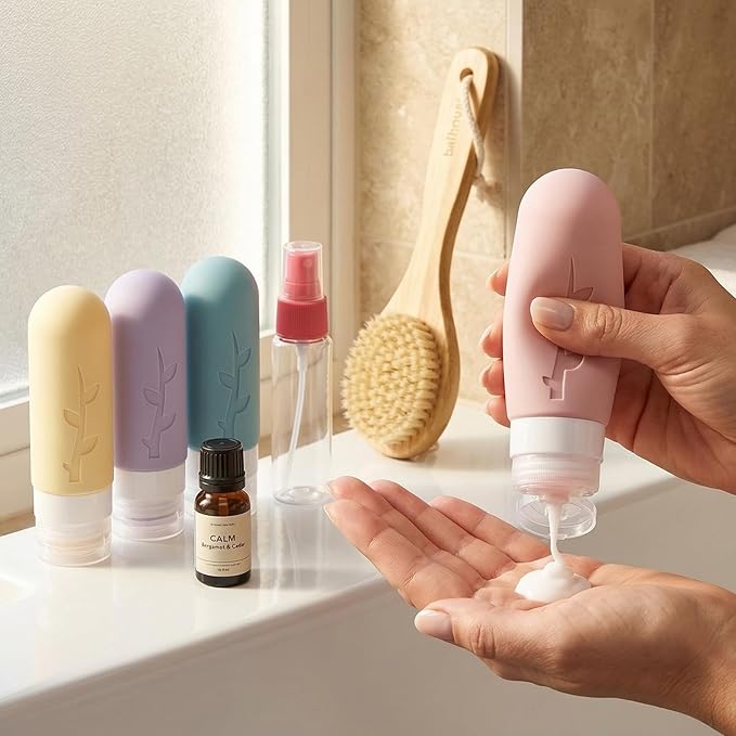 Travel Bottles Kit (16 Pack) - TSA Approved, Leak Proof Silicone Squeezable Containers for Toiletries. Complete Set with Jars, Sprayers & Bag (Light Purple)