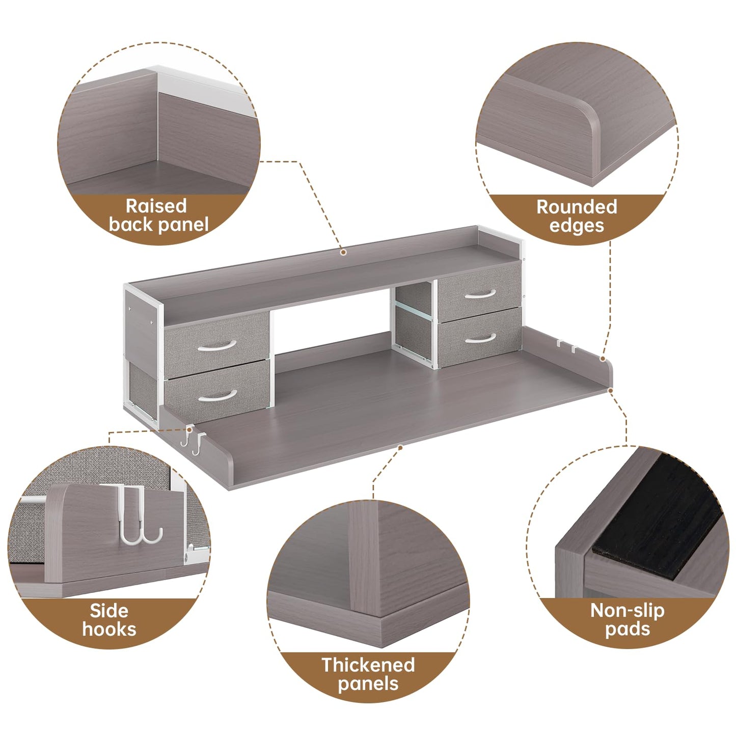 4 Drawers Washer Dryer Countertop with Shelf, 27.5" D x 54" W Laundry Topper with 3.54" High Guardrails and Non-Slip Pads,Extra Storage Organizer for Over Washer and Dryer, Holds 66 Lbs, Light Grey