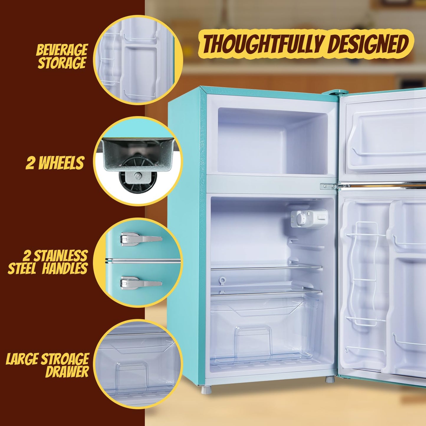 TACOOL Small Fridge with Freezer Mini Refrigerator Double door Removable Glass Shelves 7 Temp Gear Detachable Handle Blue