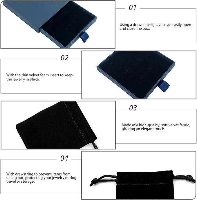 Small Jewelry Gift Box and Velvet Bag, Necklace Bracelet Earring Cardboard Organizer Square Jewellery Gift Box Pendent Storage Case for Birthday Xmas Christmas Wrapping (Blue)
