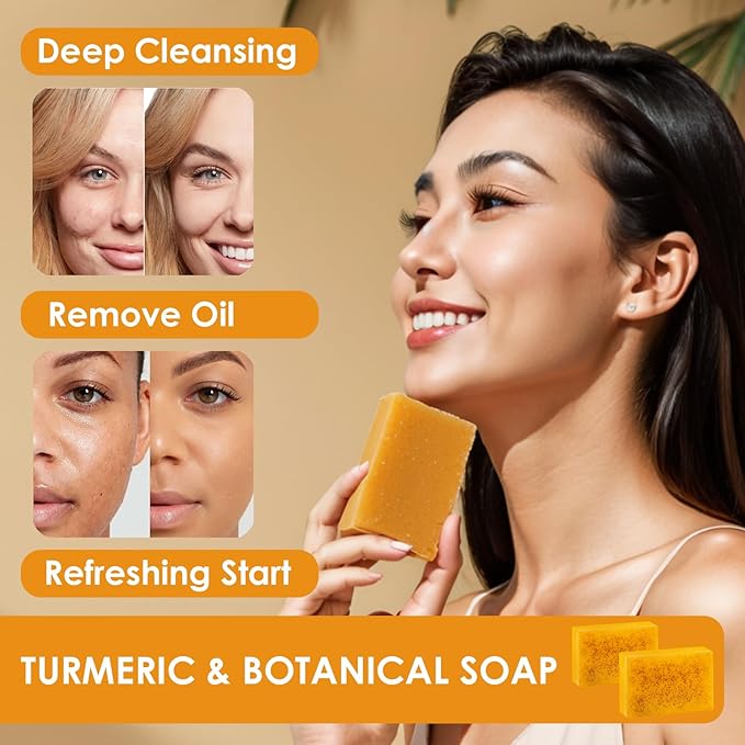 Turmeric Wash and Care Kit – Turmeric Face Wash with Brush, Exfoliating Facial Pads, Turmeric Oil and Cleansing Soap Bars– Jabon de Curcuma, Natural Skincare for Face & Body (4PC Set, Count, 4)