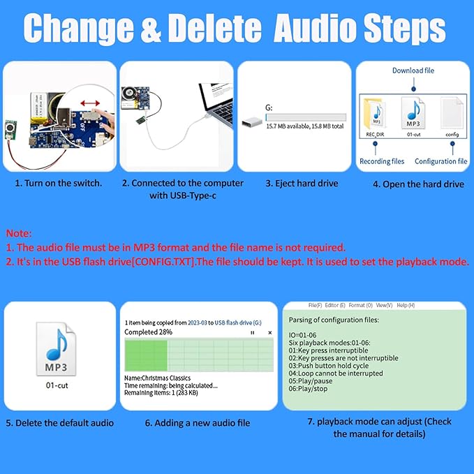 Voice Module,16MB Push Button Activated Sound Module with Speaker, 16Min Easy Sound Recording Chip for Personalized Greetings, DIY Projects, MP3 Music for Crafts, Type-C Cable Charging (Blue-50Pack)