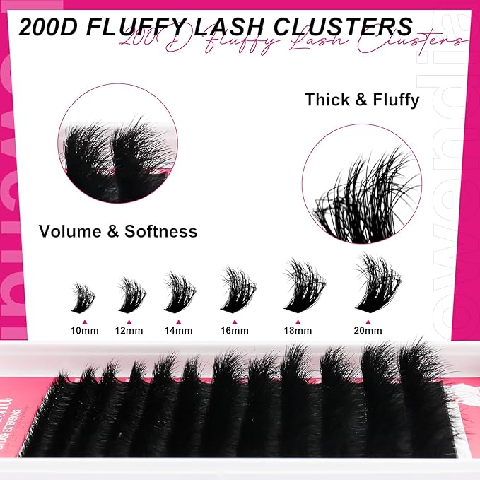 Fowendia Lash Clusters Kit Fluffy 200D Individual Lashes D Curl Cluster Eyelash Extensions 10-18mm DIY Lash Extension Kit Lash Bond and Seal Waterproof, Lash Applicator, Thick False Eyelashes Kit