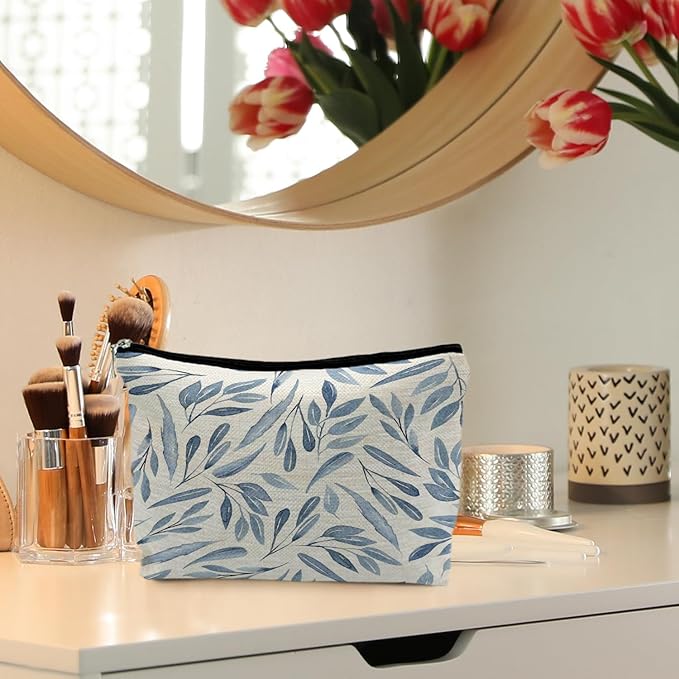 Blue Floral Makeup Bag Pouch, Blue and White Chinoiserie Makeup Pouch, Floral Cosmetic Bag, Boho Botanical Leaves Cosmetic Bag for Women