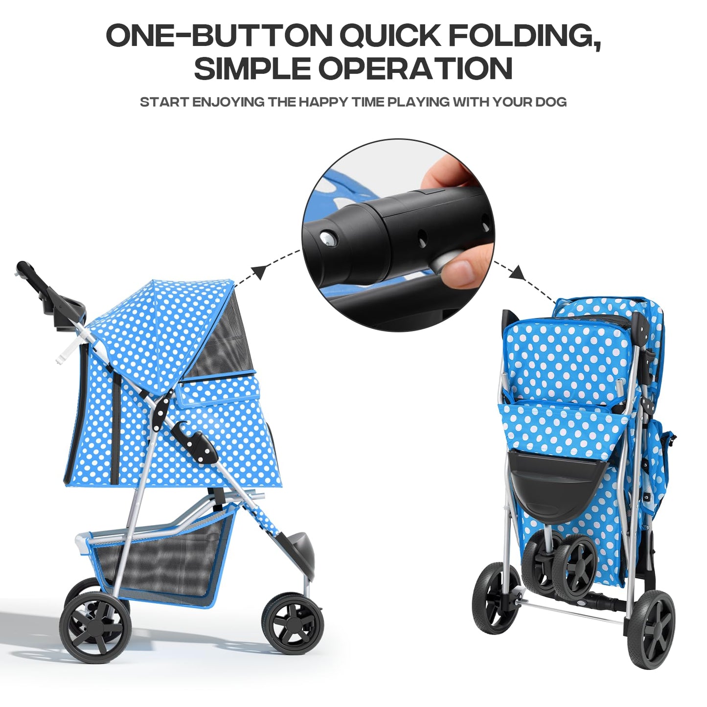 Pet Stroller for Small Dogs 10 lbs, Dog Stroller for Medium Dogs 30 lbs, Cat Strollers for 2 Cats, 3 Wheels Foldable Jogger Puppy Stroller with Storage Basket and Cup Holder, Blue Polka Dots