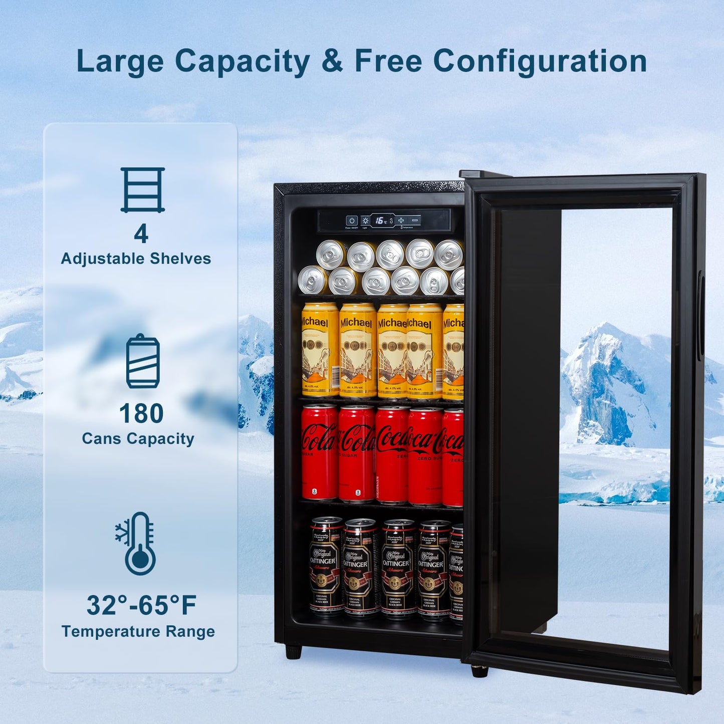 Cucina Magica 4.8 Cu.Ft Beverage Refrigerator, 155 Can Mini Fridge with Freeze with Glass Door, Adjustable Shelves, Drink Fridge, Suitable for Soda, Beer, Essential for Home/Bar