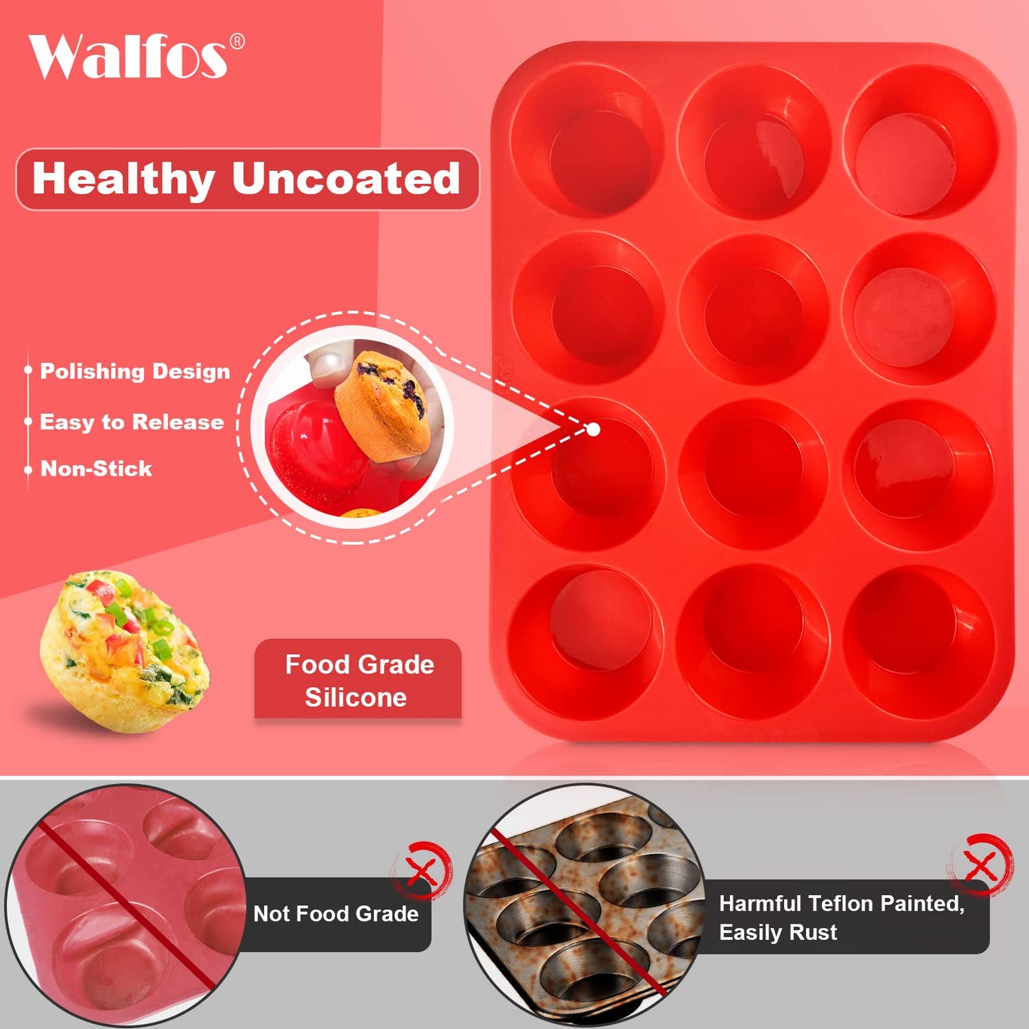 Walfos Muffin Pan Set - 12 Cups Regular Silicone Cupcake Pan, Non-stick and BPA Free, Great for Making Muffin Cakes, Tart, Fat Bombs - Dishwasher Safe, 2-Piece