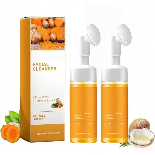 2 Pcs Turmeric Brightening Facial Cleanser, Deep Cleansing Exfoliating Glow Wash Turmeric Foaming Face Wash with Brush for All Skin
