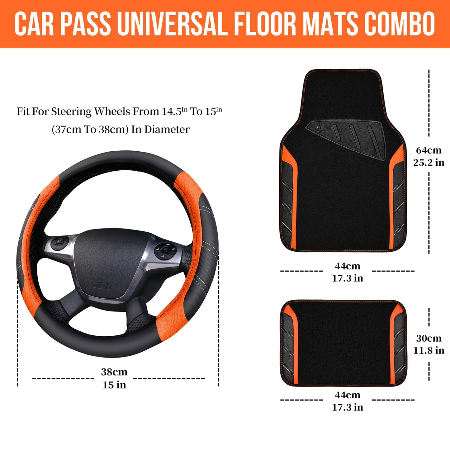 CAR PASS Leather Steering Wheel Cover and Waterproof Car Floor Mats,Microfiber Universal Car Combo Fit for 95% Sedan SUV Van Truck,14.5-15inch Sporty Anti-Slip Safety Comfortable Design, Black＆Orange