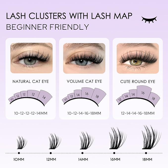 Fluff Lash Clusters Kit 60D Spiky Fluff Lash Cluster 10-18mm Volume Eyelash Clusters D Curvature Cluster Eyelash Extensions 3D Wispy Lash Clusters DIY Lash Extension Kit Lash Bond and Seal&Tweezers
