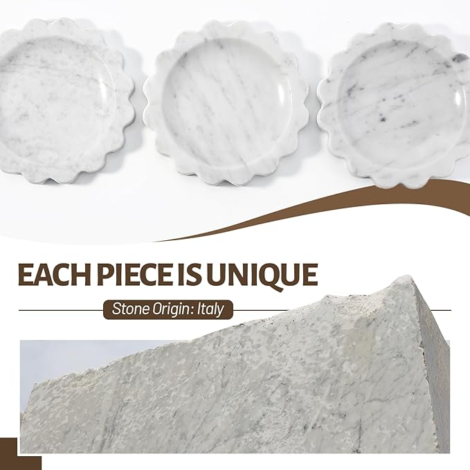 Koville 5.51" Scalloped Marble Tray, Round Stone Jewelry Trinket Dish for Ring, Natural Small Marble Tray for Bathroom Kitchen Dresser Countertop, Decorative Candle Tray(Bianco Carrara)