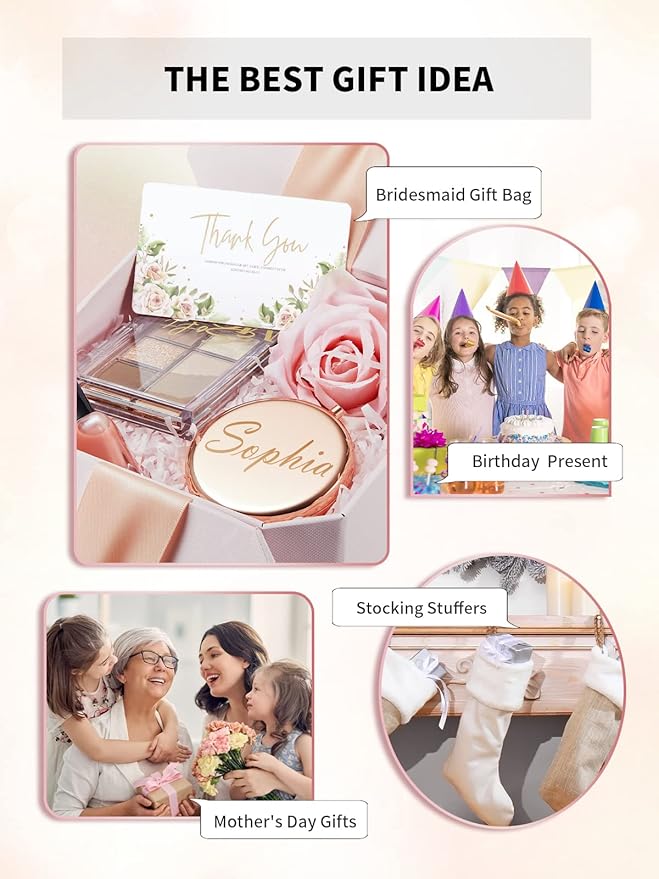 Compact Mirror for Purse, Double-Sided 1X/2X Magnifying Metal Pocket Makeup Mirrors(Round, Rose Gold)