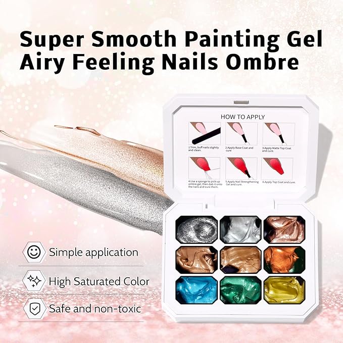 Chrome Metallic Gel Polish, Ombre Nails Colors Palette, Gold Silver Effect 3D Metal Painting Gel Nail Art Reflective Glitter Holographic Liner Sparkling No Wipe UV LED Cured (9 Colors M)