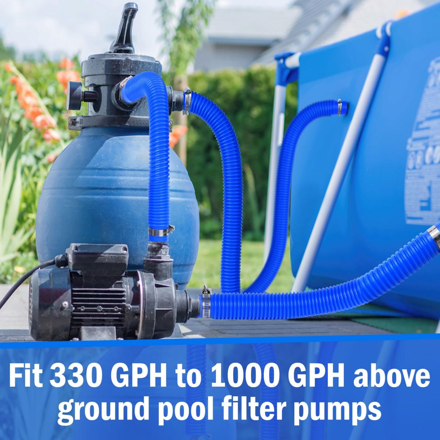 Gonioa Pool Pump Replacement Hose for Above Ground Pools, 1.25 x 59 Inch Filter Hose, Compatible with Intex Filter Pump 607, 637, 330GPH, 530GPH, 1,000GPH, Includes 8 Metal Clamps, Blue (4 Pack)
