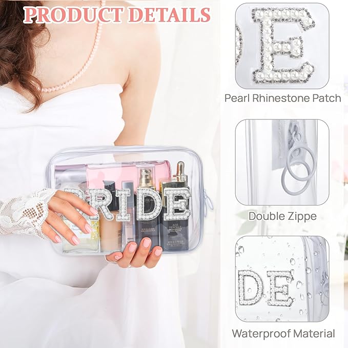 Etercycle Bride Clear Makeup Bag, Bridal Shower Gifts Engagement Cosmetic Bag, Bling Pearl Rhinestone Letter Patches Waterproof PVC Travel Organizer for Women Wedding Bachelorette Party(Silver)
