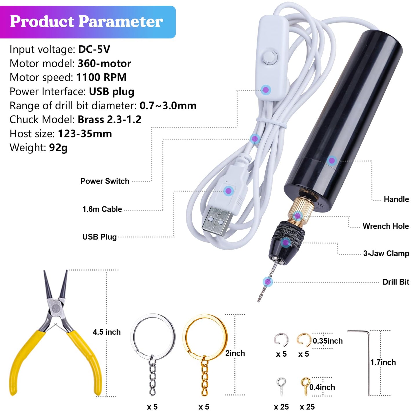 LET'S RESIN Electric Drill, 74Pcs Mini Drill with 3-Jaw Clamp-Applicable to A Larger Drilling Range (0-3mm), Keychain Making Kit, Jewelry Making Kit, Electric Hand Drill for Jewelry, Resin, Plastic