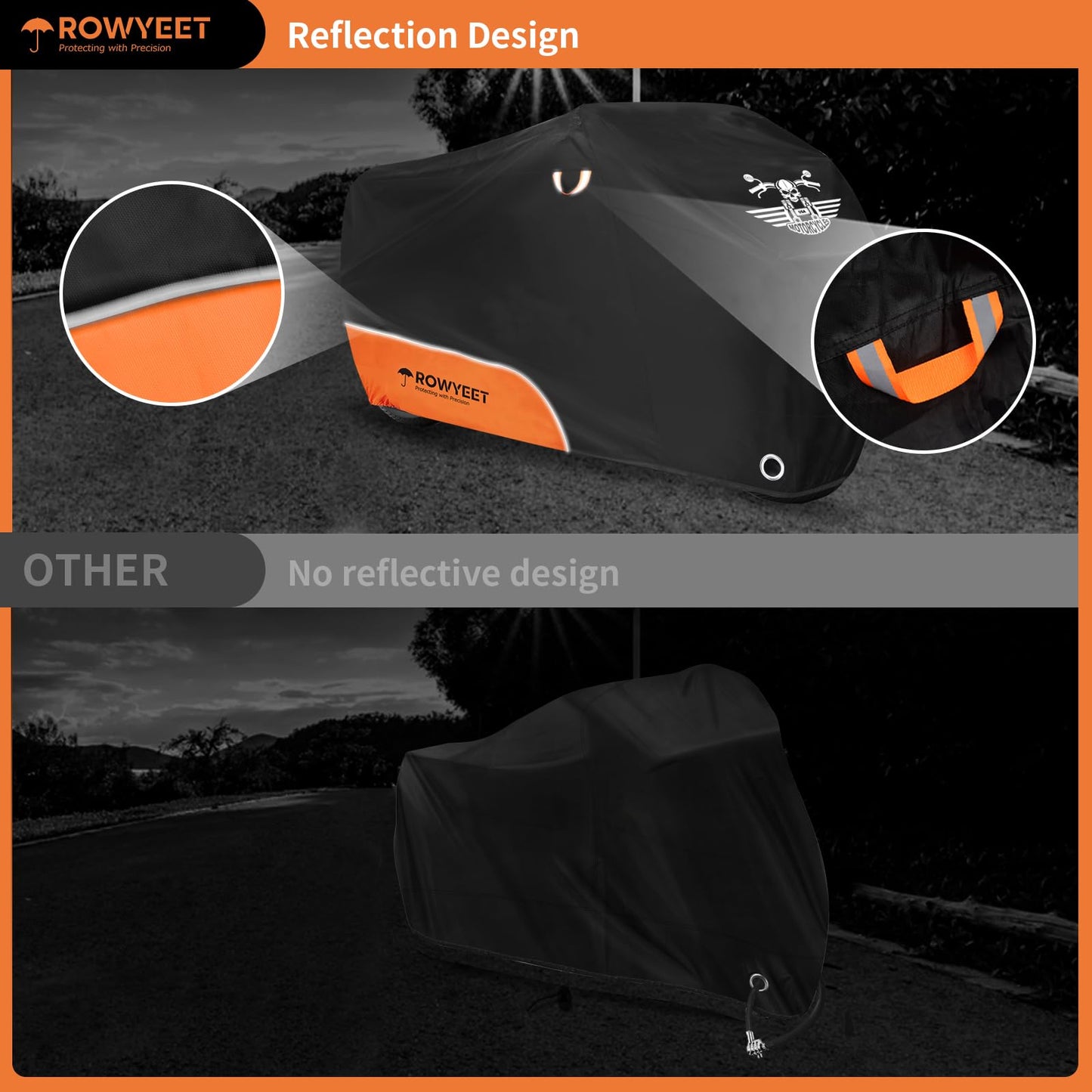 ROWYEET Motorcycle Cover Waterproof Outdoor Storage with Lock-Holes, Zipper Storage Bag & Night Reflective Design, All Season Protection Powersports Vehicle Covers Fits up to 104" Motorcycles