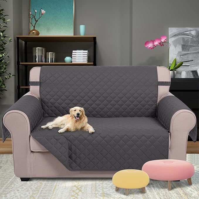 U-NICE HOME Loveseat Sofa Cover Reversible Couch Covers for 2 Cushion Couch for Dogs Furniture Protector Cover with Elastic Straps Water Resistant(Loveseat Small, Dark Grey/Dark Grey)