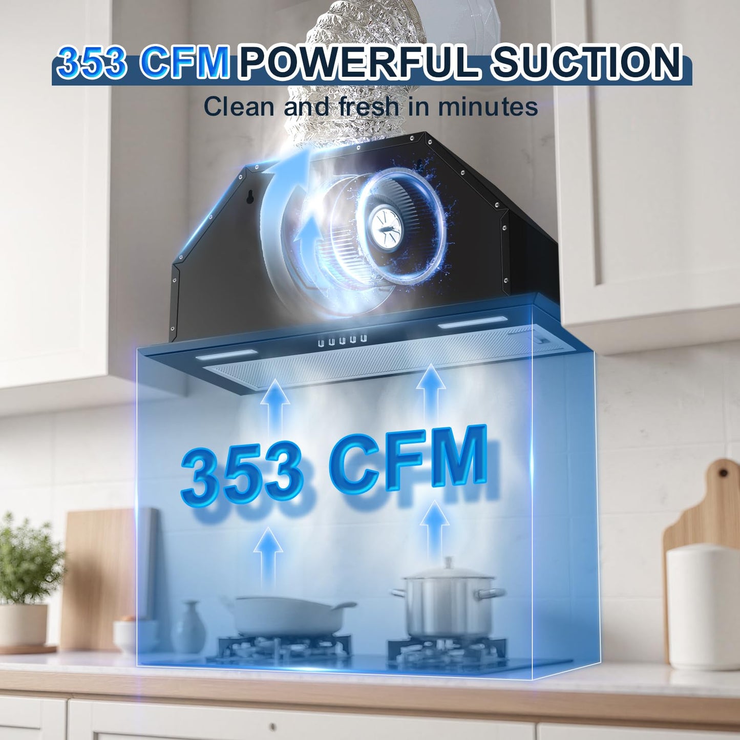 Insert Range Hood 24Inch, Built-in Kitchen Hood with 353 CFM, 3-Speed Vent Hood with Push Button Control LED Lights, Metal Filter, Suitable for Home kitchen, Compact Kitchen, Apartments