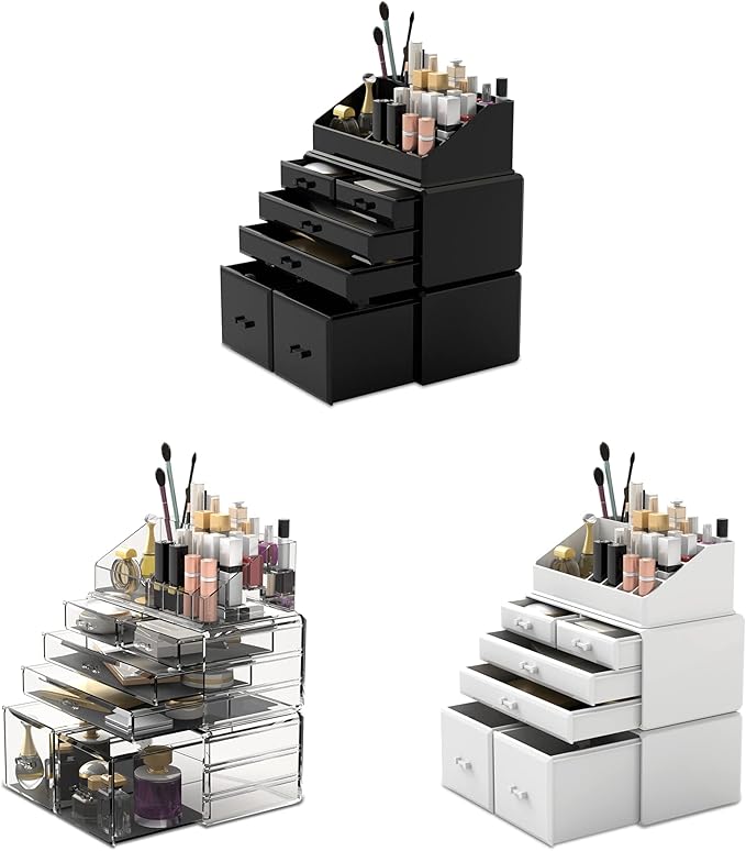 READAEER Makeup Organizer 3 Pieces Cosmetic Storage Case with 6 Drawers (White)