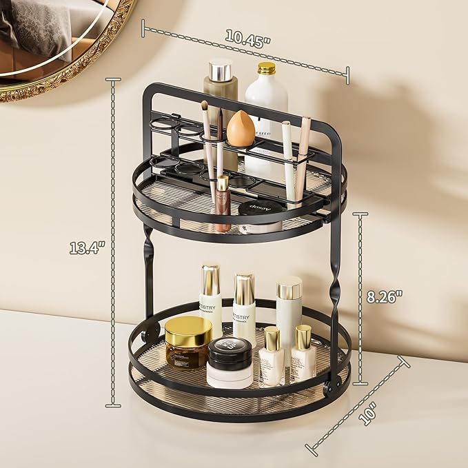 360ÃÂ° Rotating Makeup Organizer, 2-Tier Black Perfume Organizer for Dresser, Bathroom Organizers Countertop, Perfume Shelf with Makeup Brush Holder, Skincare Holder Cosmetic Display(Black)