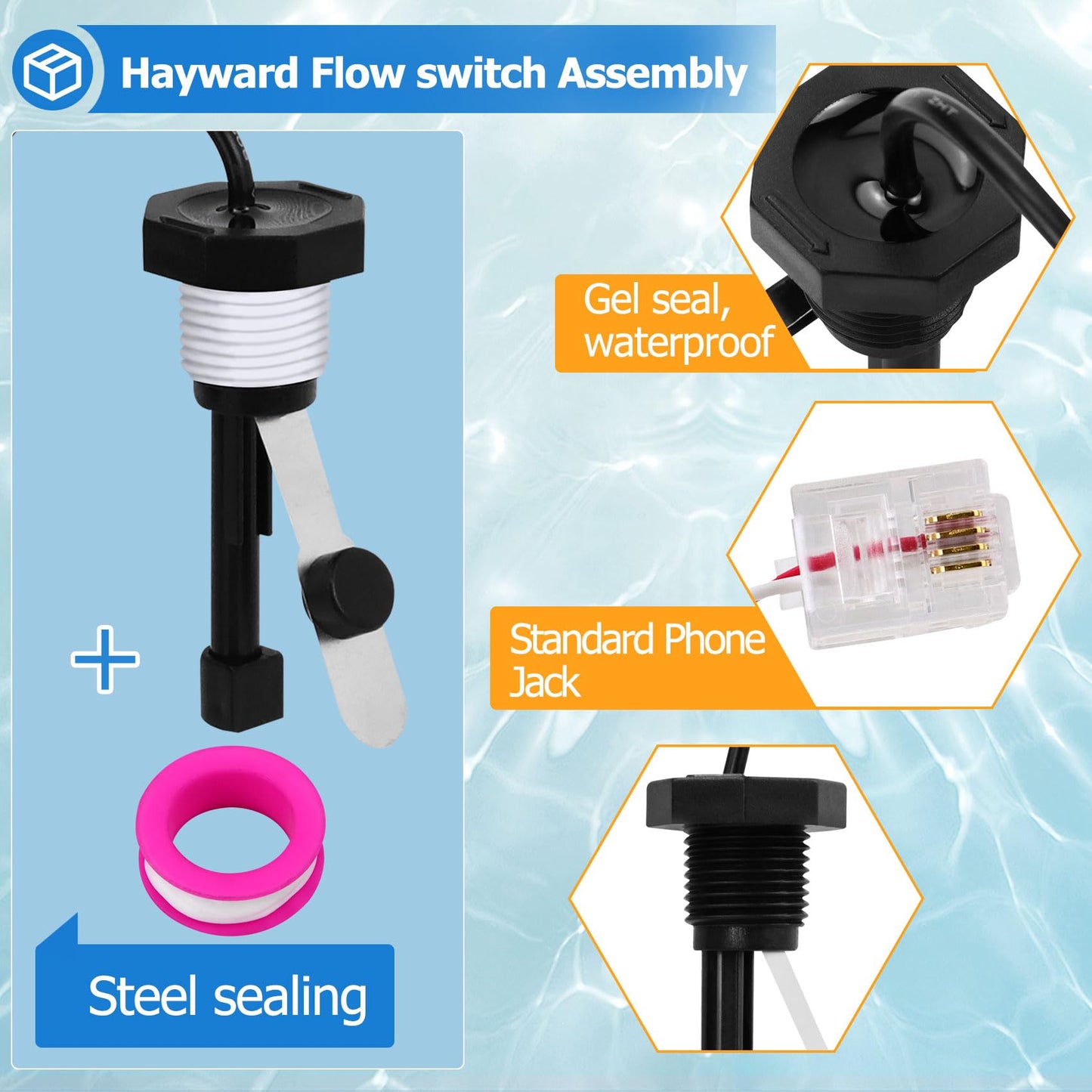 Cooouds GLX-FLO-RP Flow Switch Assembly for All Hayward Goldline Aquarite Salt Systems, Metal Induction Structure Pool Flow Sensor Suitable Hayward Salt Cell & Chlorine Generator with 15-Feet Cable