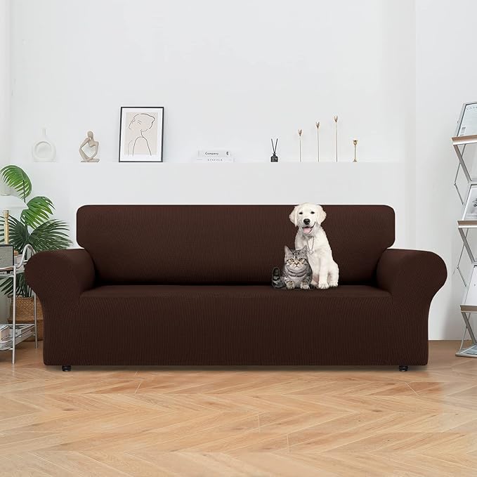 LURKA Stretch Sofa Slipcovers 1 Piece Couch Covers for 3 Cushion Couch Sofa Furniture Protector Full Sofa Covers with Elastic Bottom for Kids and Dog (Large, Chocolate)