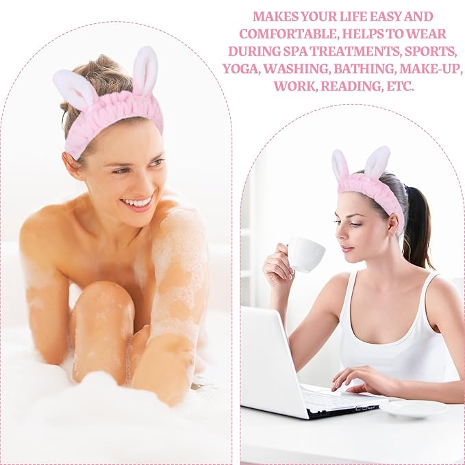 Cute pink Rabbit Ears Headband Frog Eye Elastic to Wash Face for Women Makeup Shower Spa (1 Pack)