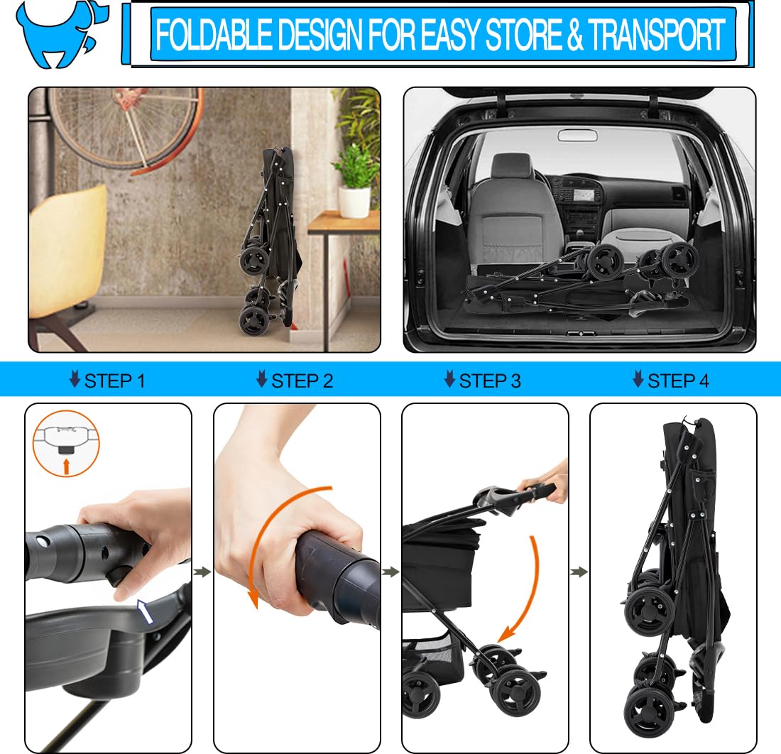 LPOTIUS 3-in-1 Pet Stroller for Small Dogs and Cats, Folding Lightweight Dog Stroller with Detachable Carrier Portable Cat Puppy Jogging Stroller with Cup Holder and Storage Basket, 4 Wheels