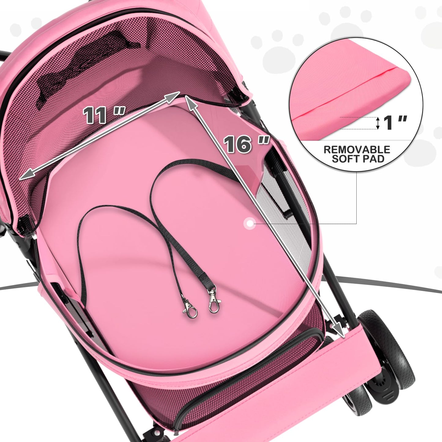 MoNiBloom 4 Wheels Pet Stroller, Easy-Fold Puppy Cage Jogger Stroller with Sun Cover, Pad and Rear Storage Bag, Breathable and Visible Mesh for Small/Medium Pets up to 22 lbs, Pink