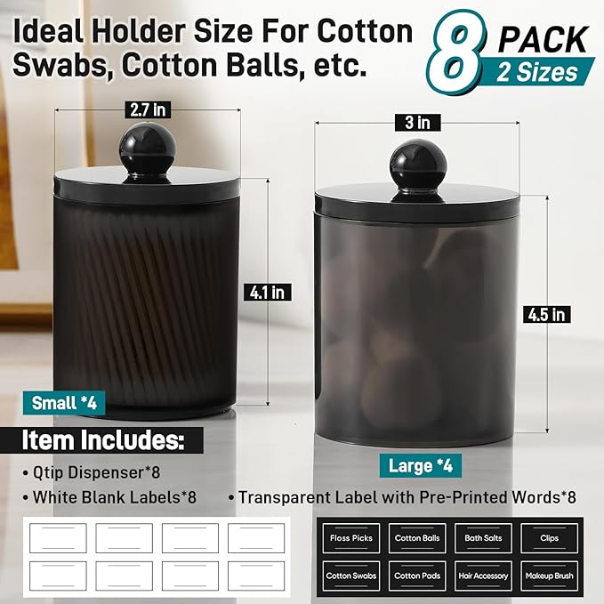 8 Pack Acrylic Qtip Holder Dispenser for Cotton Swabs, Balls, Pads, Floss Picks- Clear Plastic Canister Apothecary Jar Set, Bathroom Essentials Accessories Decor Vanity Makeup Storage Organizer -Black