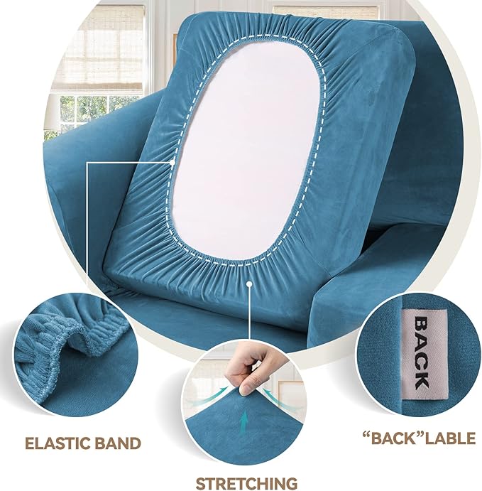 WEERRW Velvet Stretch Chair Sofa Slipcover - 2 Pieces Luxury Soft Velvet Plush Couch Cover Furniture Protector with Elastic Bottom for Pets, Machine Washable, Peacock Blue, Small
