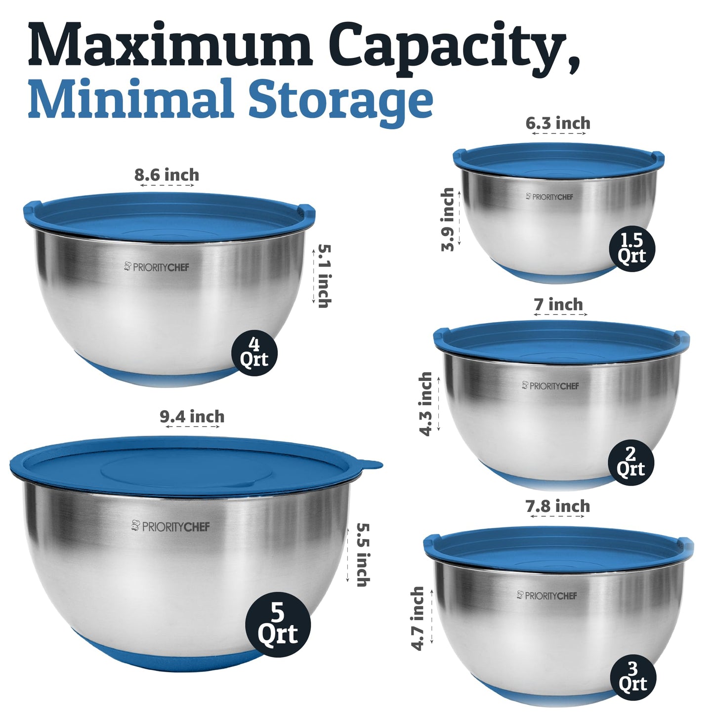 Priority Chef Stainless Steel Mixing Bowls with Lids Set, 3 Grater Attachments, Airtight Lids, Non-Slip Silicone Base Mixing Bowl Set, Large Prep Metal Mixing Bowls for Kitchen, Blue