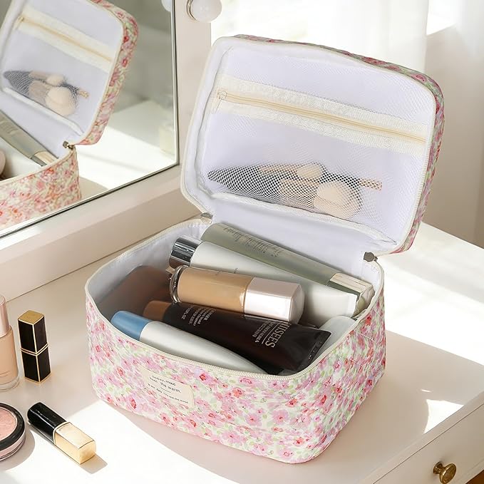 Gosect 1pc Large Makeup Bag, Cute Cosmetic Bag for Women Girls, Floral Coquette Aesthetic Toiletry Bag, Travel Make Up Organizer Bag (Pink Floral Print