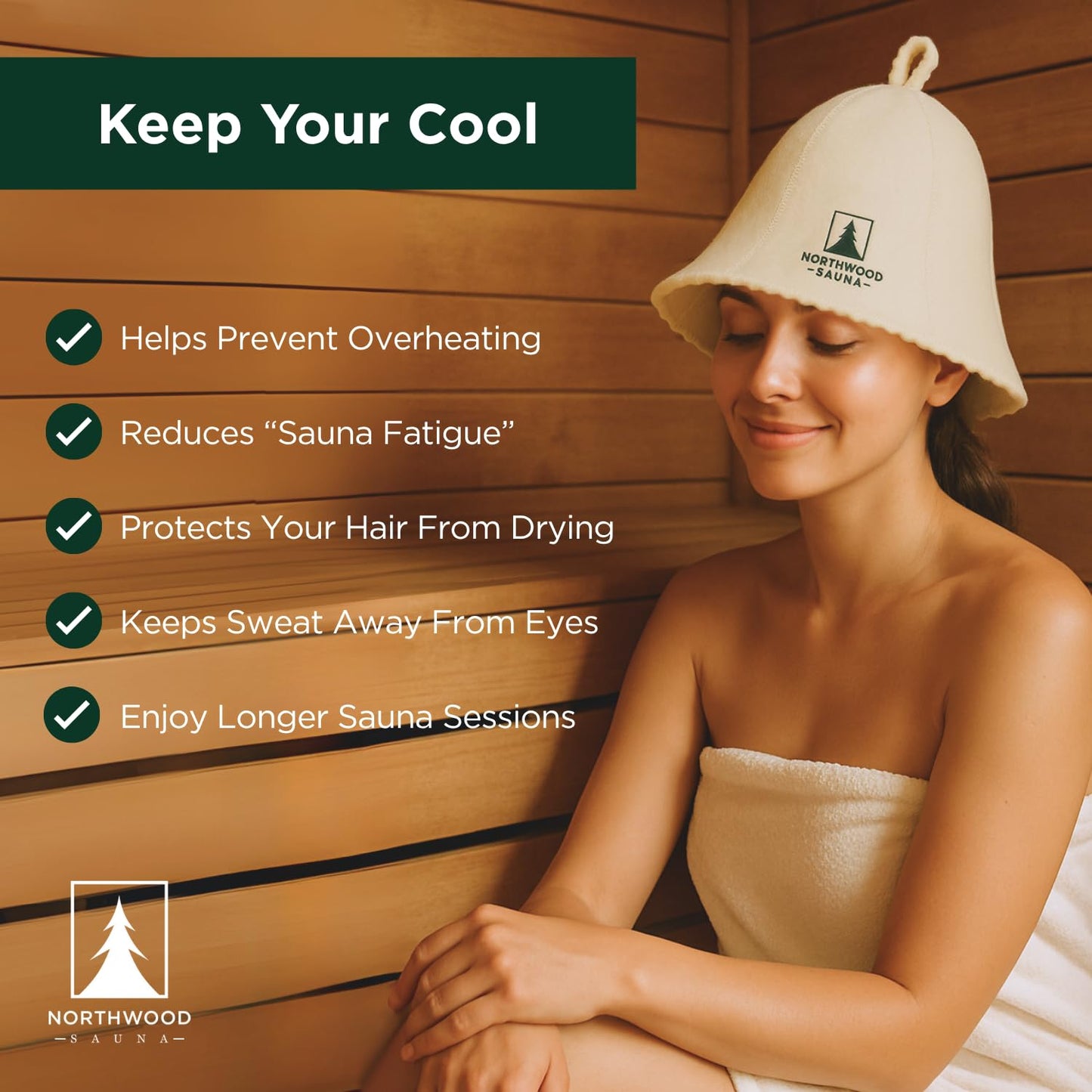 Northwood Sauna - Sauna Hat - 100% Wool Felt - Banya Hair Cap for Men & Women - One-Size-Fits-All - Spruce Green & Soft Beige (2 Pack)