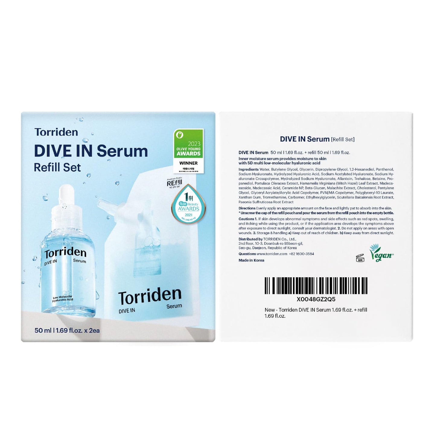 Torriden DIVE IN Serum 1.69 fl oz + refill pouch 1.69 fl oz | Deep Hydration to Get Glow Skin | Hyaluronic Acid, Panthenol, Allantoin | Korean Facial Serum