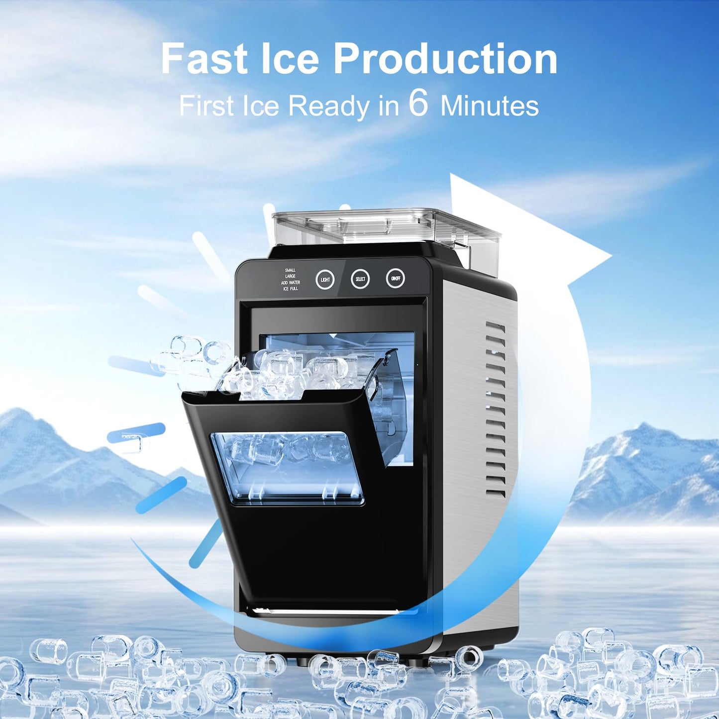 Kismile Countertop Ice Maker, 26lbs/24H Bullet Ice Machine, 8 Ice Cubes in 6 Minutes, Dual Water Tanks with 1.2L Top Tank, 2 Ice Sizes, Self-Cleaning, Compact Portable Ice Maker for Home, Kitchen & RV