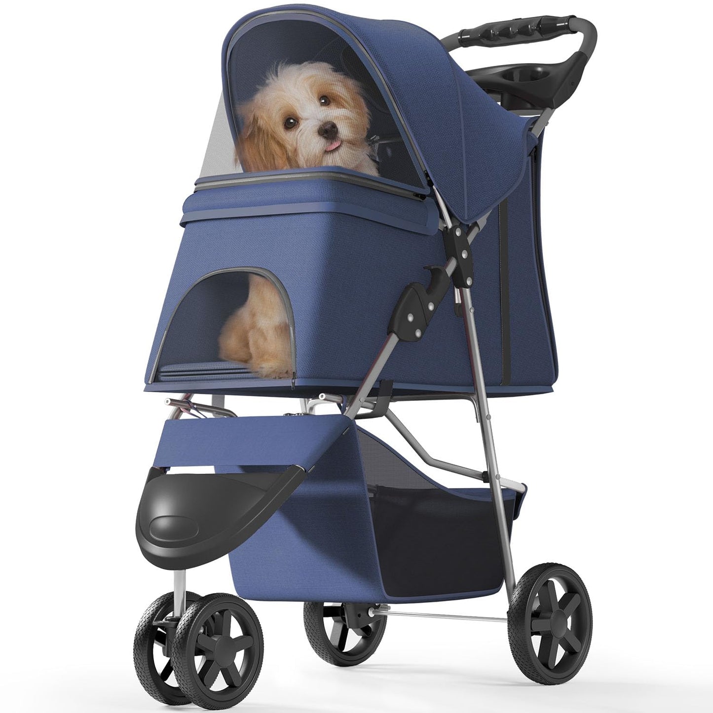 OS MOTOR Pet Stroller with 3 Wheels for Small/Medium Pets, Portable Travel Foldable Carrier Jogger for Dog Cat Puppy Kitty, Rear Wheel Breaks, Storage Basket, Visible Mesh Weather Cover (Navy Blue)
