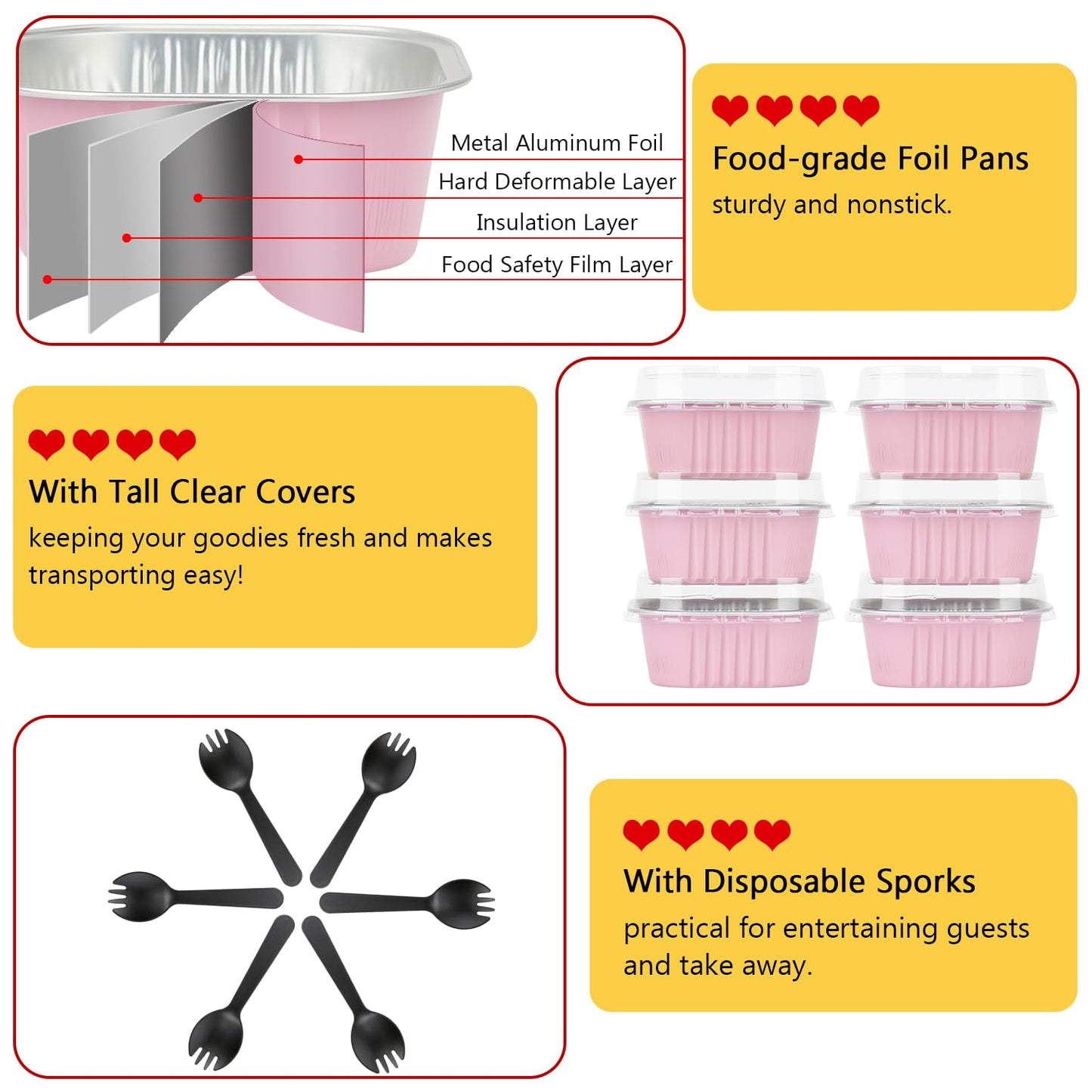 LNYZQUS 10oz Mini Cake Pans With Lids 40 Pack, Aluminum Foil Square Brownie Baking Cups,Disposable 4”x4” Large Cupcake Pan,Jumbo Muffin Tin Ramekins Holders-Pink